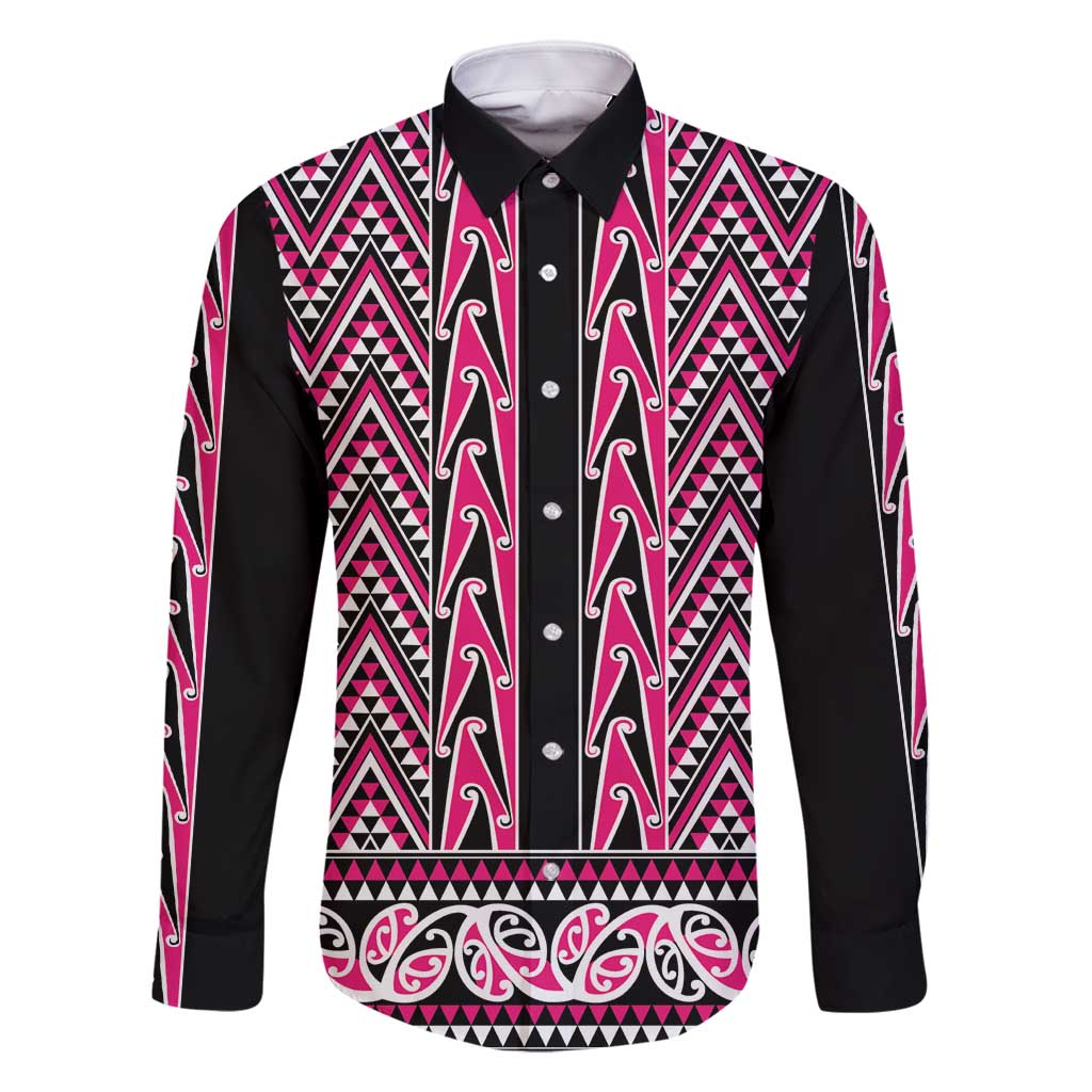 New Zealand Maori Niho Taniwha Family Matching Off Shoulder Short Dress and Hawaiian Shirt Mawhero Mangopare and Puhoro Pattern LT9 Dad's Shirt - Long Sleeve Pink - Polynesian Pride