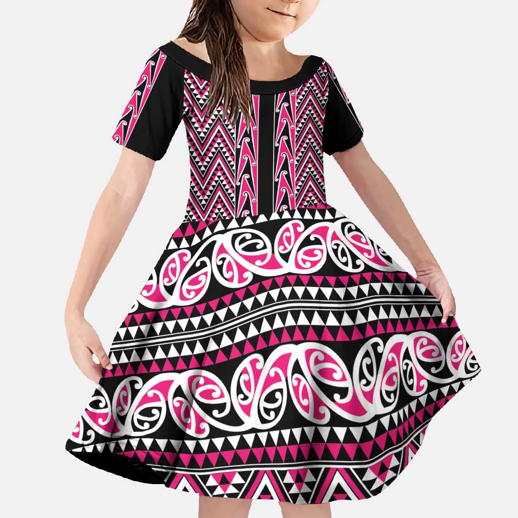 New Zealand Maori Niho Taniwha Family Matching Tank Maxi Dress and Hawaiian Shirt Mawhero Mangopare and Puhoro Pattern LT9 Daughter's Dress Pink - Polynesian Pride