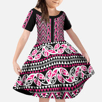 New Zealand Maori Niho Taniwha Family Matching Tank Maxi Dress and Hawaiian Shirt Mawhero Mangopare and Puhoro Pattern LT9 Daughter's Dress Pink - Polynesian Pride
