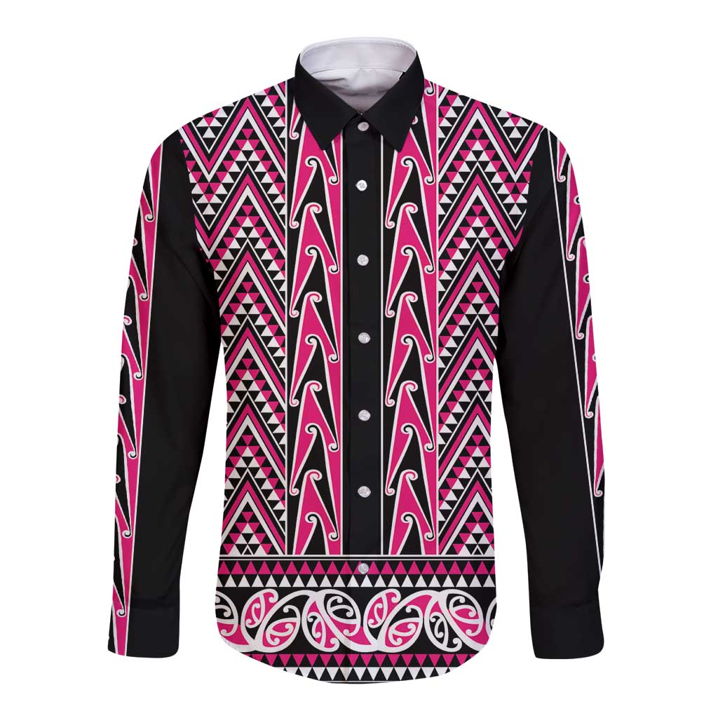 New Zealand Maori Niho Taniwha Long Sleeve Button Shirt Mawhero Mangopare and Puhoro Pattern