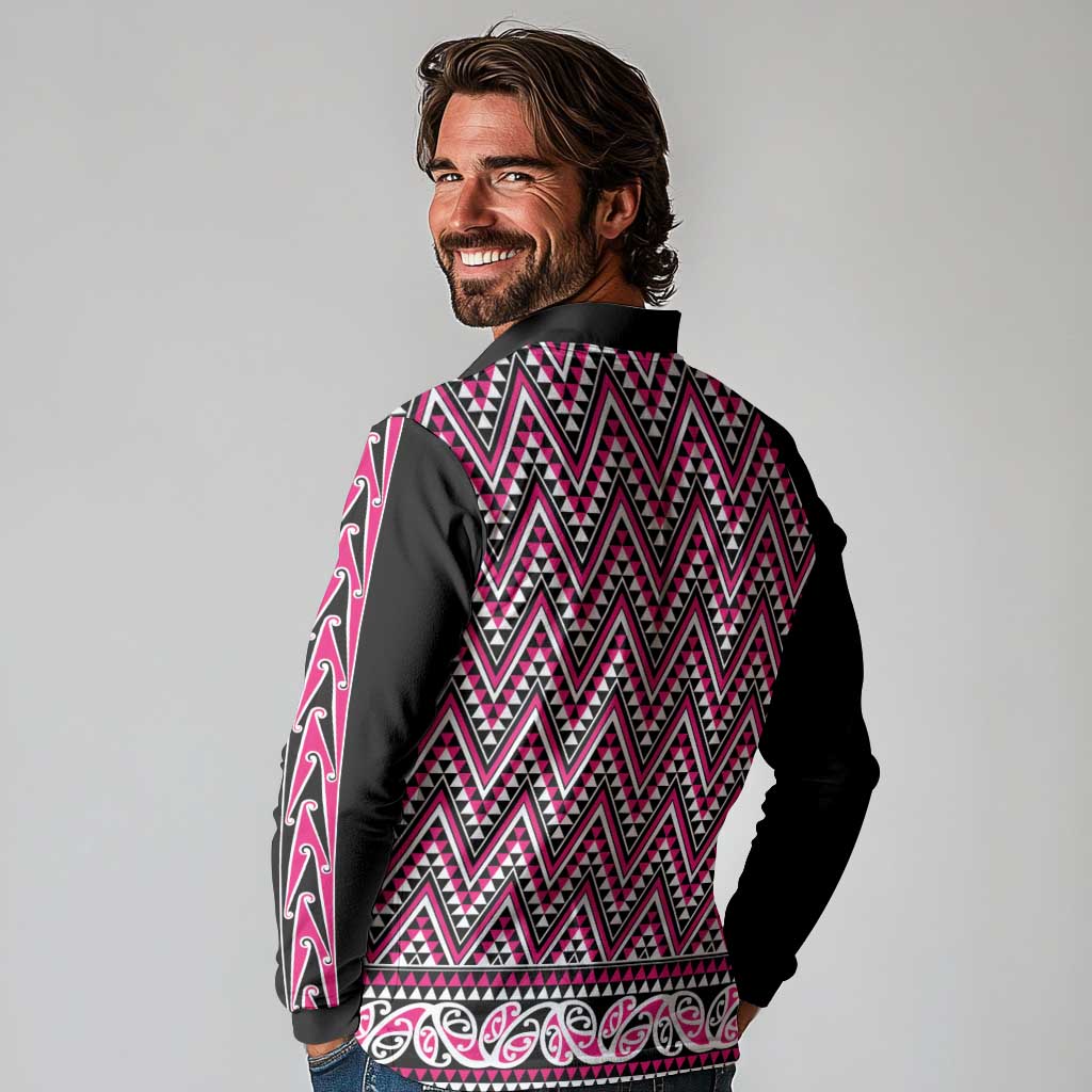 New Zealand Maori Niho Taniwha Long Sleeve Polo Shirt Mawhero Mangopare and Puhoro Pattern