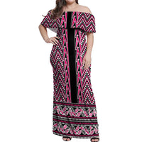 New Zealand Maori Niho Taniwha Off Shoulder Maxi Dress Mawhero Mangopare and Puhoro Pattern