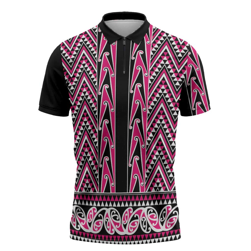 New Zealand Maori Niho Taniwha Zipper Polo Shirt Mawhero Mangopare and Puhoro Pattern LT9 Pink - Polynesian Pride