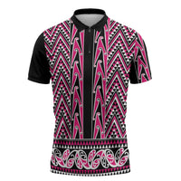 New Zealand Maori Niho Taniwha Zipper Polo Shirt Mawhero Mangopare and Puhoro Pattern LT9 Pink - Polynesian Pride