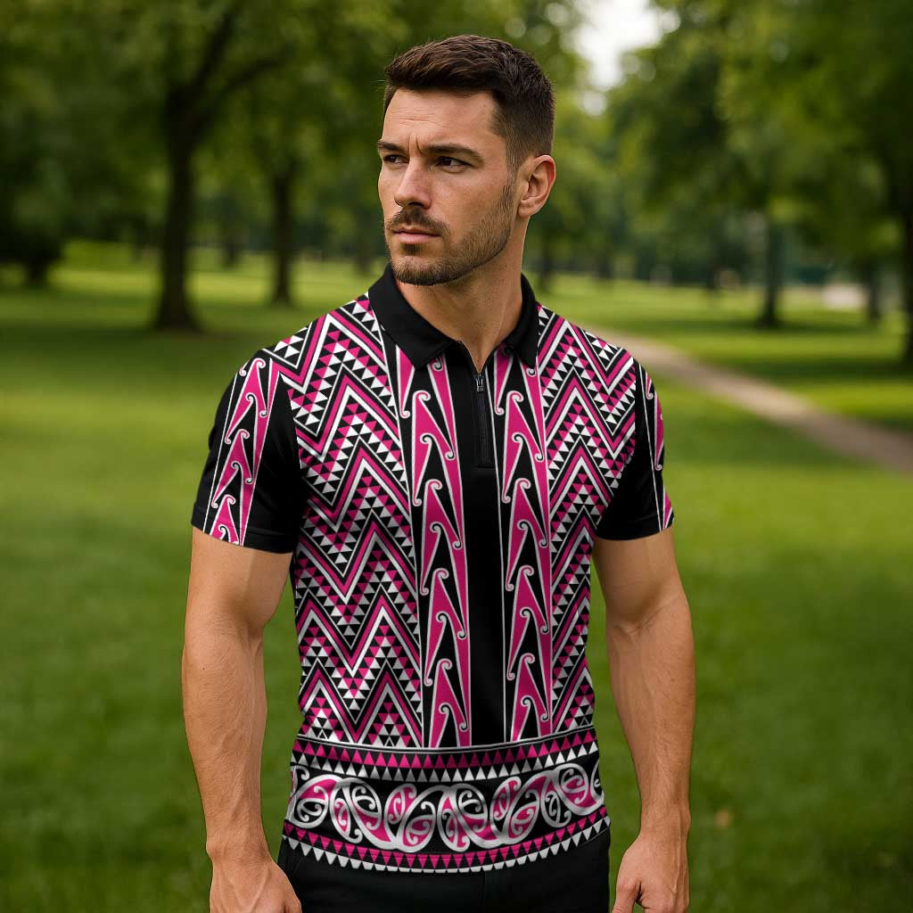 New Zealand Maori Niho Taniwha Zipper Polo Shirt Mawhero Mangopare and Puhoro Pattern LT9 - Polynesian Pride