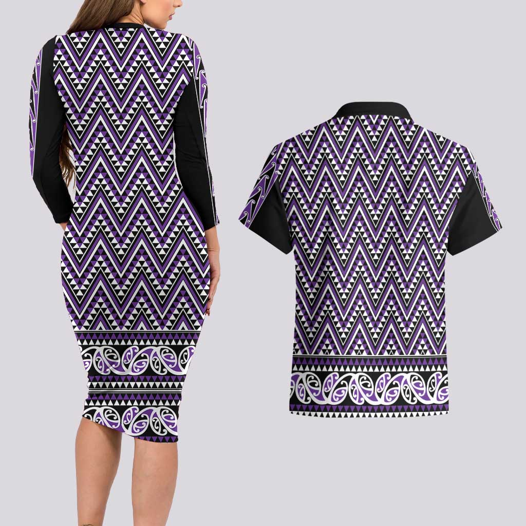 New Zealand Maori Niho Taniwha Couples Matching Long Sleeve Bodycon Dress and Hawaiian Shirt Waiporopo Mangopare and Puhoro Pattern