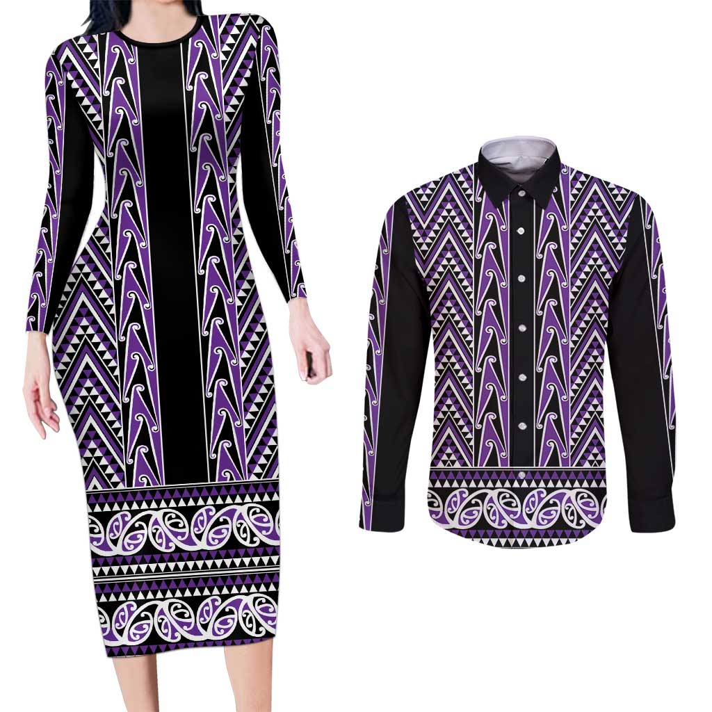 New Zealand Maori Niho Taniwha Couples Matching Long Sleeve Bodycon Dress and Long Sleeve Button Shirt Waiporopo Mangopare and Puhoro Pattern LT9 Purple - Polynesian Pride