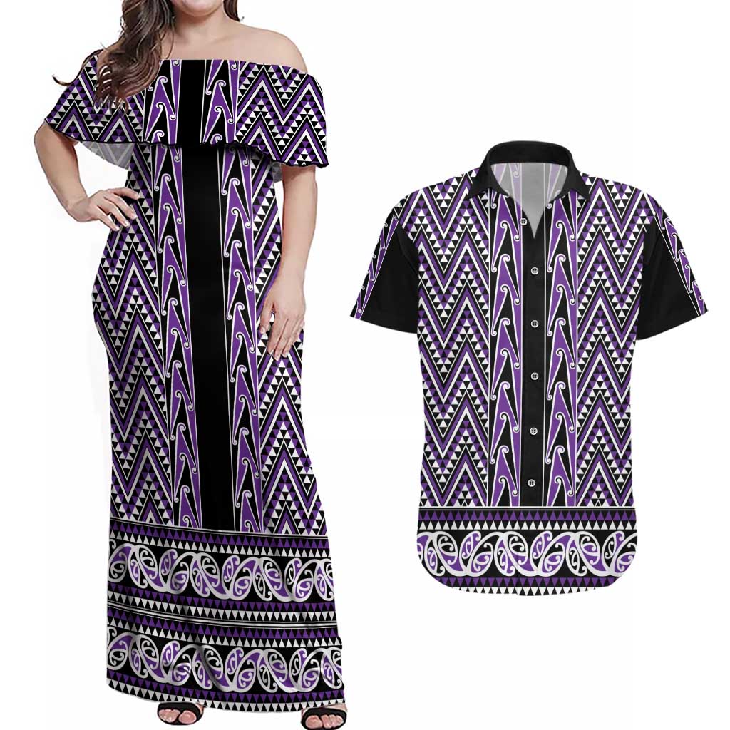 New Zealand Maori Niho Taniwha Couples Matching Off Shoulder Maxi Dress and Hawaiian Shirt Waiporopo Mangopare and Puhoro Pattern LT9 Purple - Polynesian Pride