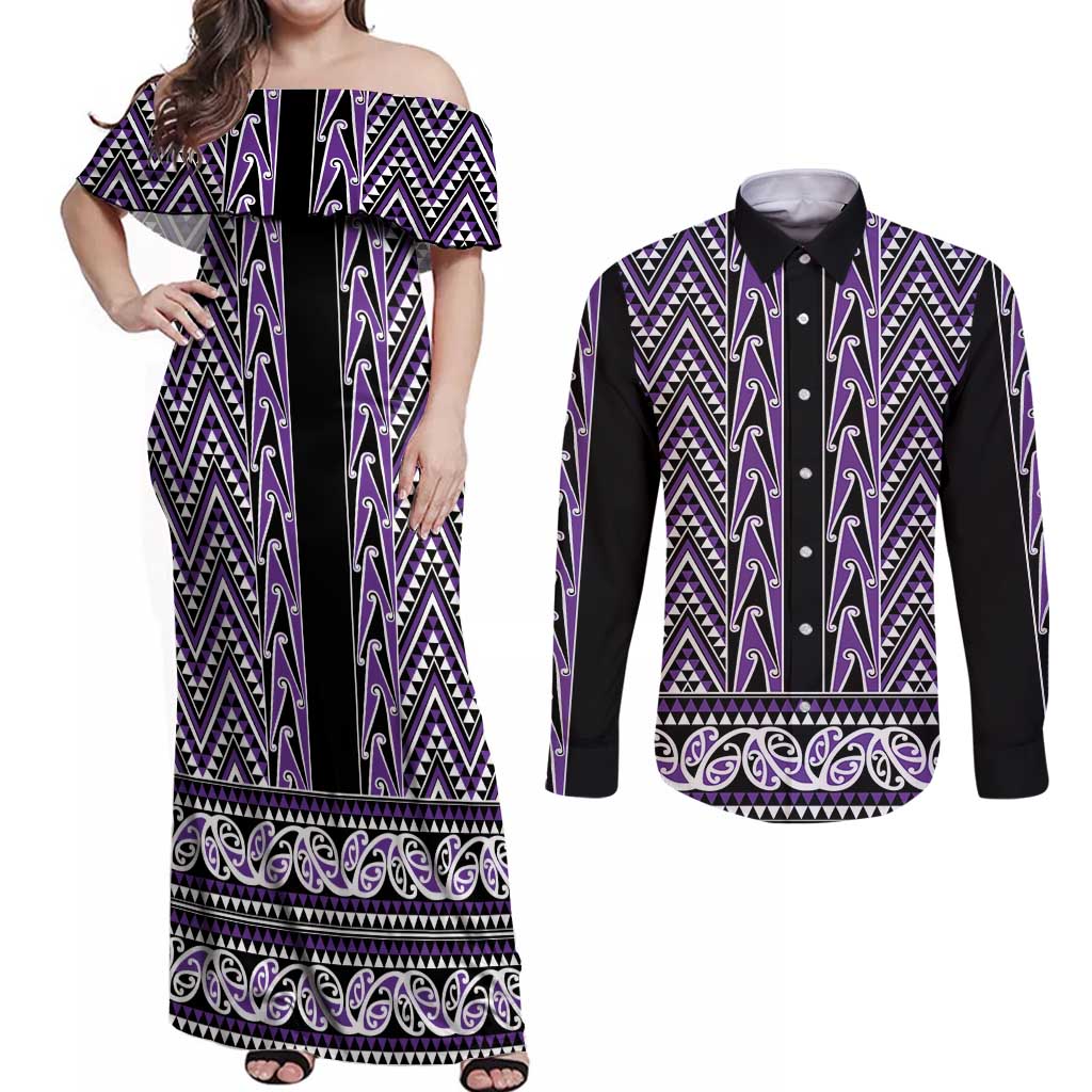 New Zealand Maori Niho Taniwha Couples Matching Off Shoulder Maxi Dress and Long Sleeve Button Shirt Waiporopo Mangopare and Puhoro Pattern