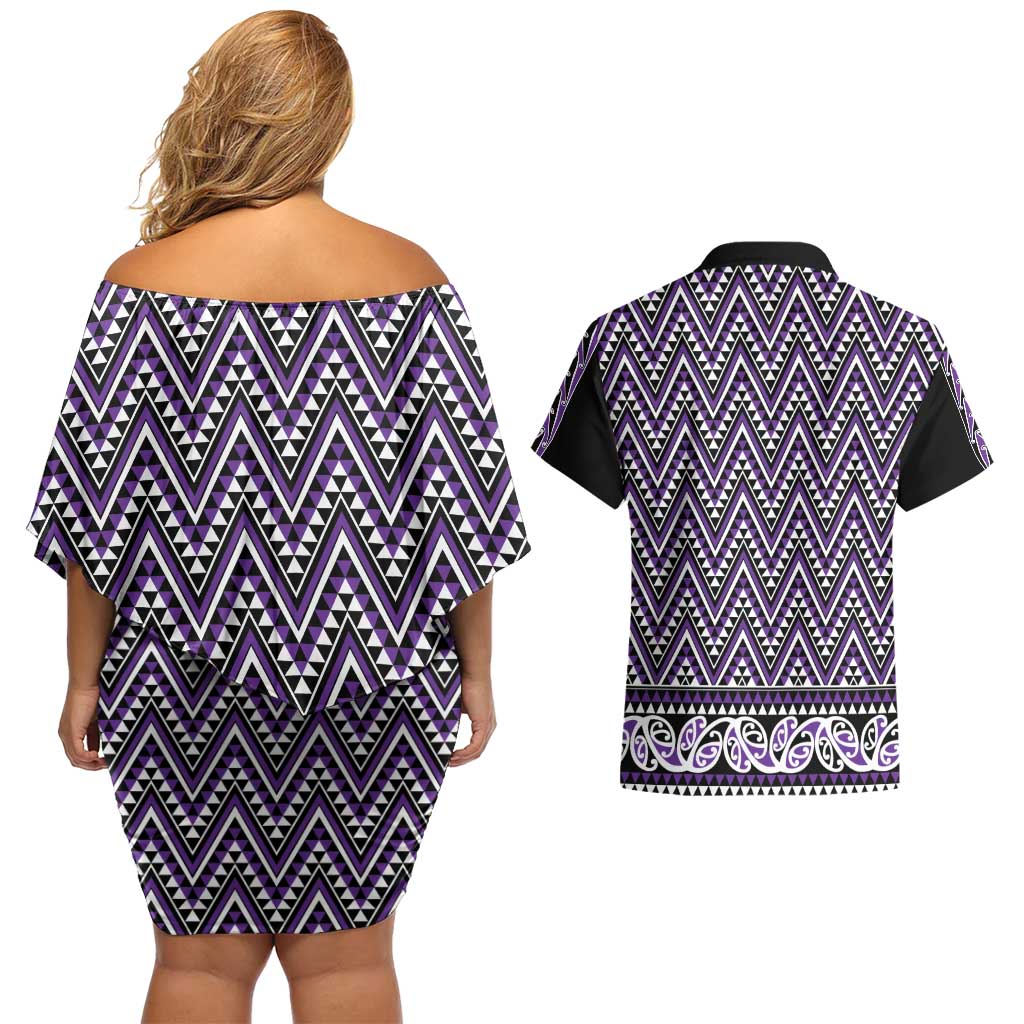 New Zealand Maori Niho Taniwha Couples Matching Off Shoulder Short Dress and Hawaiian Shirt Waiporopo Mangopare and Puhoro Pattern LT9 - Polynesian Pride