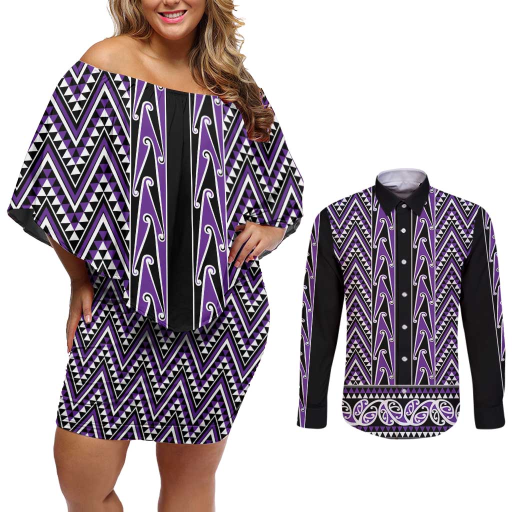 New Zealand Maori Niho Taniwha Couples Matching Off Shoulder Short Dress and Long Sleeve Button Shirt Waiporopo Mangopare and Puhoro Pattern