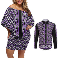 New Zealand Maori Niho Taniwha Couples Matching Off Shoulder Short Dress and Long Sleeve Button Shirt Waiporopo Mangopare and Puhoro Pattern