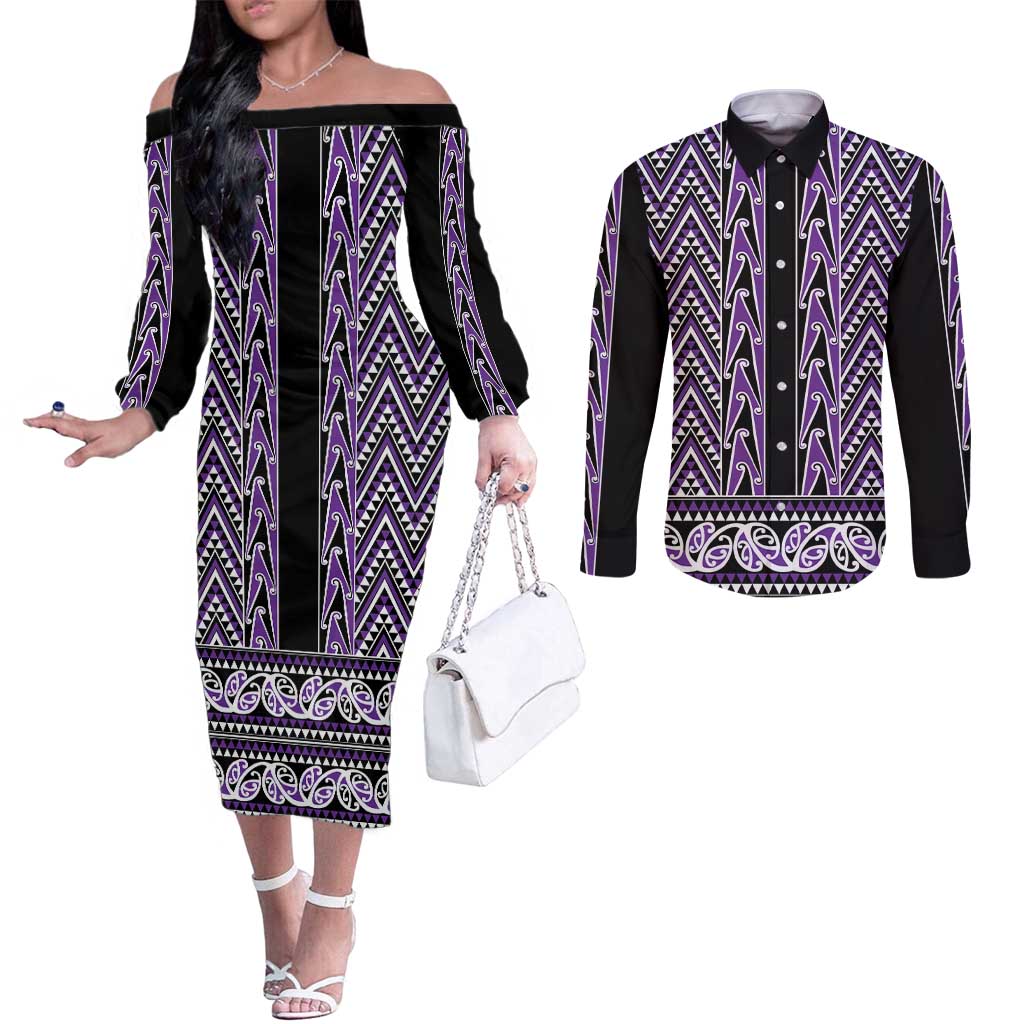 New Zealand Maori Niho Taniwha Couples Matching Off The Shoulder Long Sleeve Dress and Long Sleeve Button Shirt Waiporopo Mangopare and Puhoro Pattern