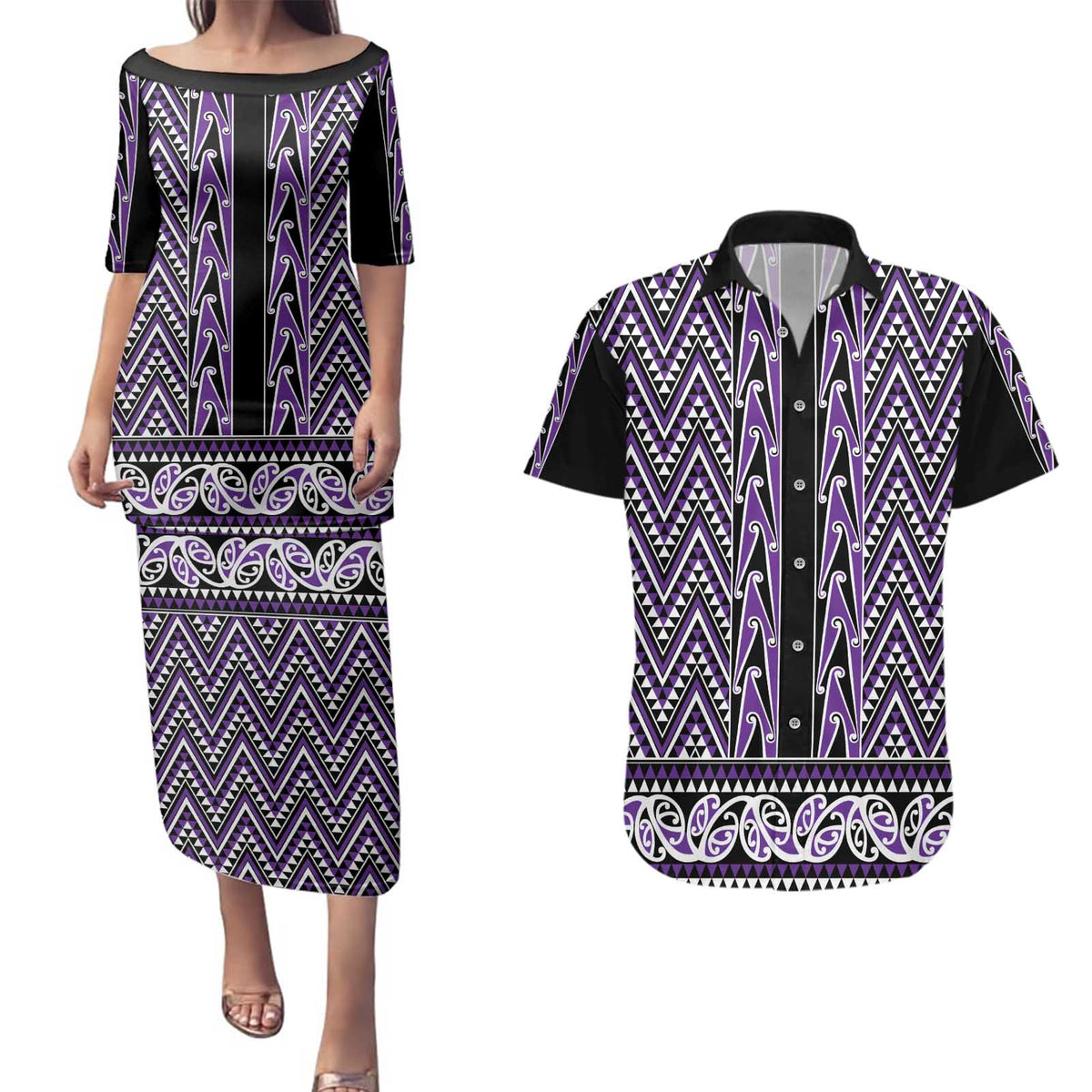 New Zealand Maori Niho Taniwha Couples Matching Puletasi and Hawaiian Shirt Waiporopo Mangopare and Puhoro Pattern LT9 Purple - Polynesian Pride
