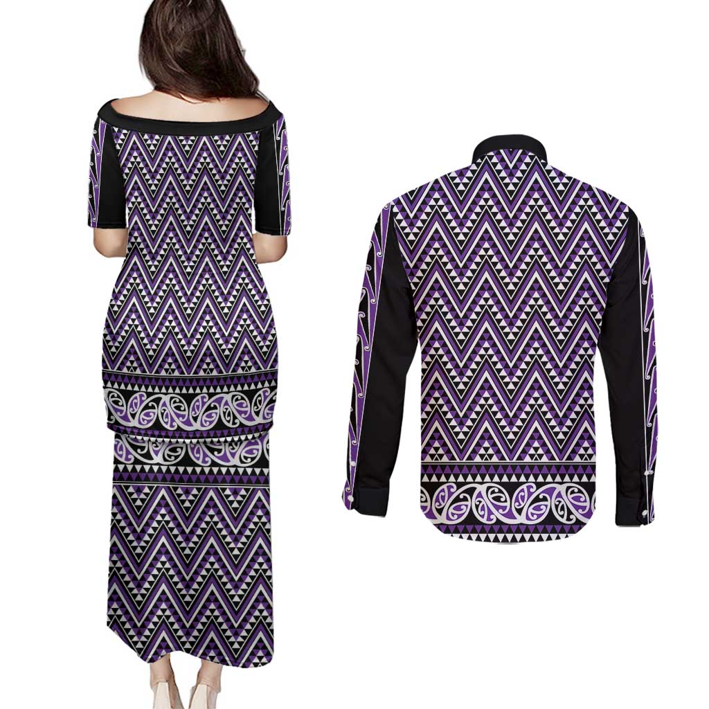 New Zealand Maori Niho Taniwha Couples Matching Puletasi and Long Sleeve Button Shirt Waiporopo Mangopare and Puhoro Pattern