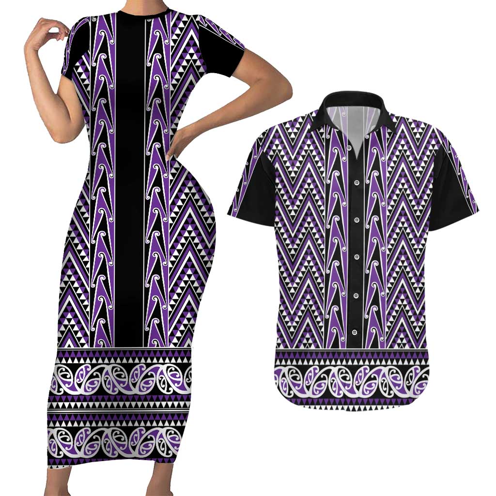 New Zealand Maori Niho Taniwha Couples Matching Short Sleeve Bodycon Dress and Hawaiian Shirt Waiporopo Mangopare and Puhoro Pattern