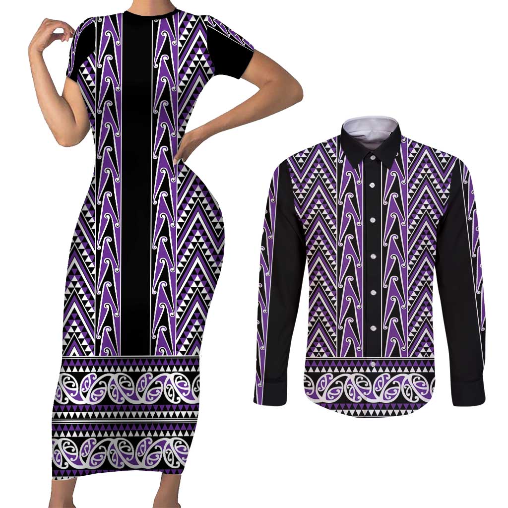 New Zealand Maori Niho Taniwha Couples Matching Short Sleeve Bodycon Dress and Long Sleeve Button Shirt Waiporopo Mangopare and Puhoro Pattern