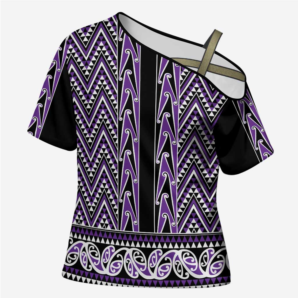 New Zealand Maori Niho Taniwha Cross Shoulder Shirt Waiporopo Mangopare and Puhoro Pattern LT9 Female Purple - Polynesian Pride