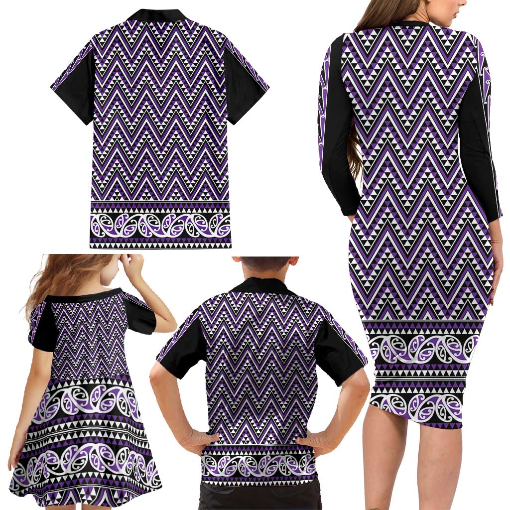 New Zealand Maori Niho Taniwha Family Matching Long Sleeve Bodycon Dress and Hawaiian Shirt Waiporopo Mangopare and Puhoro Pattern