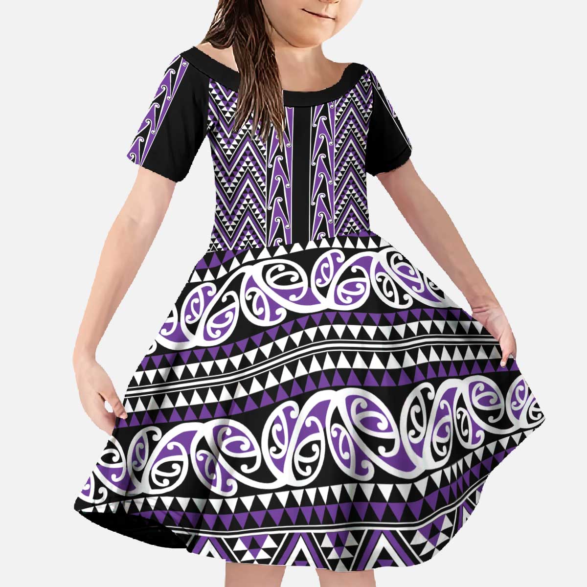 New Zealand Maori Niho Taniwha Family Matching Off The Shoulder Long Sleeve Dress and Hawaiian Shirt Waiporopo Mangopare and Puhoro Pattern LT9 Daughter's Dress Purple - Polynesian Pride