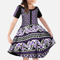 New Zealand Maori Niho Taniwha Family Matching Off The Shoulder Long Sleeve Dress and Hawaiian Shirt Waiporopo Mangopare and Puhoro Pattern LT9 Daughter's Dress Purple - Polynesian Pride