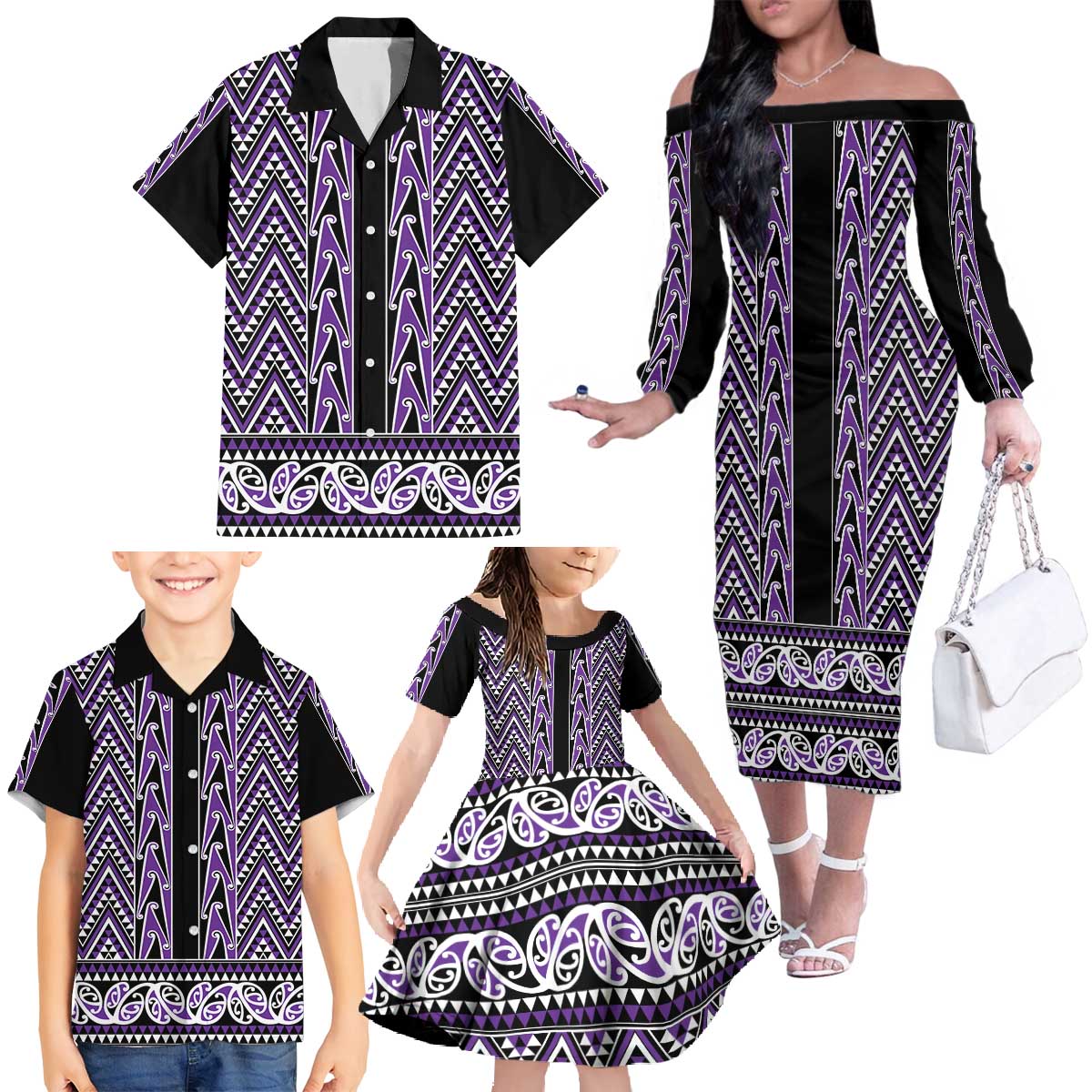 New Zealand Maori Niho Taniwha Family Matching Off The Shoulder Long Sleeve Dress and Hawaiian Shirt Waiporopo Mangopare and Puhoro Pattern LT9 - Polynesian Pride