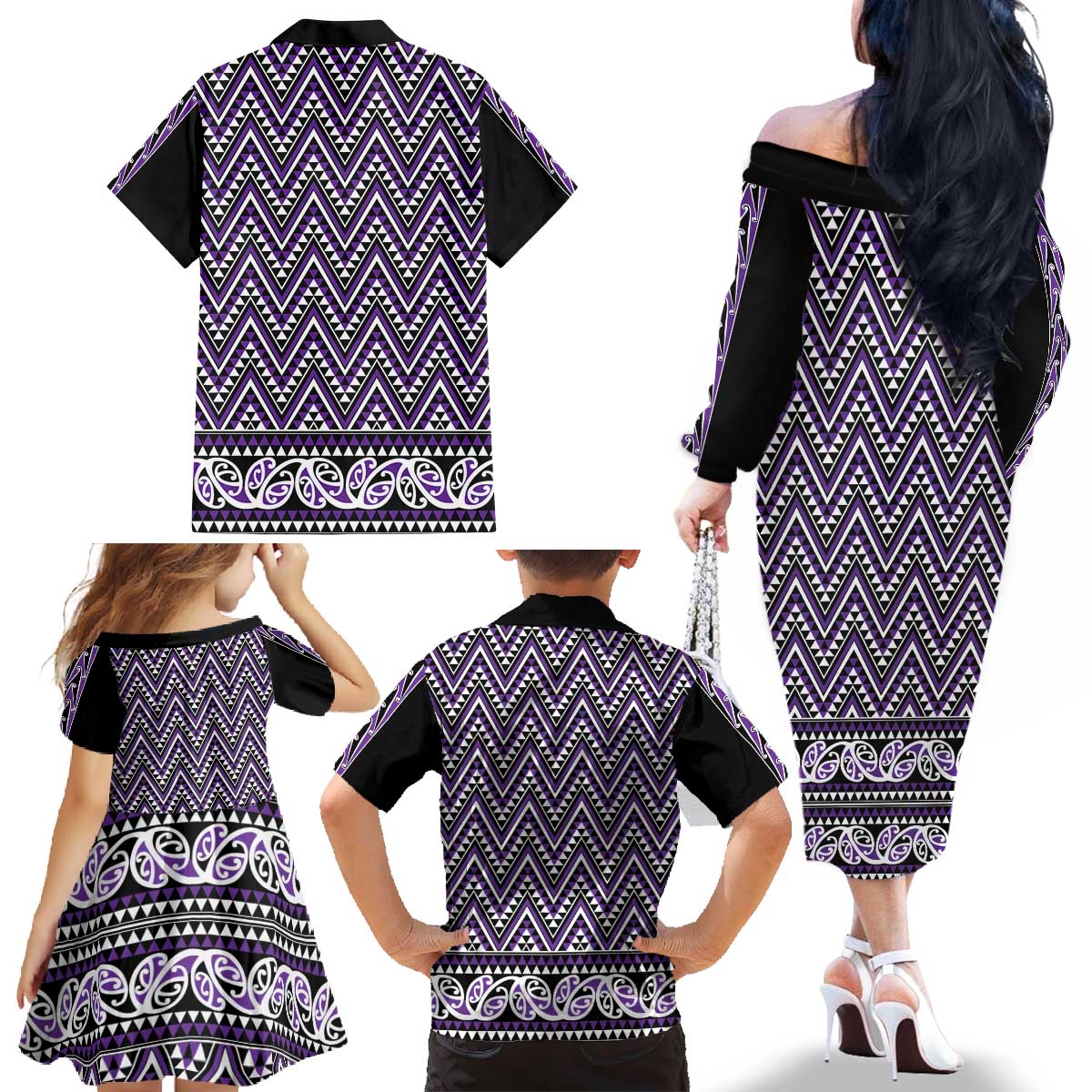 New Zealand Maori Niho Taniwha Family Matching Off The Shoulder Long Sleeve Dress and Hawaiian Shirt Waiporopo Mangopare and Puhoro Pattern LT9 - Polynesian Pride