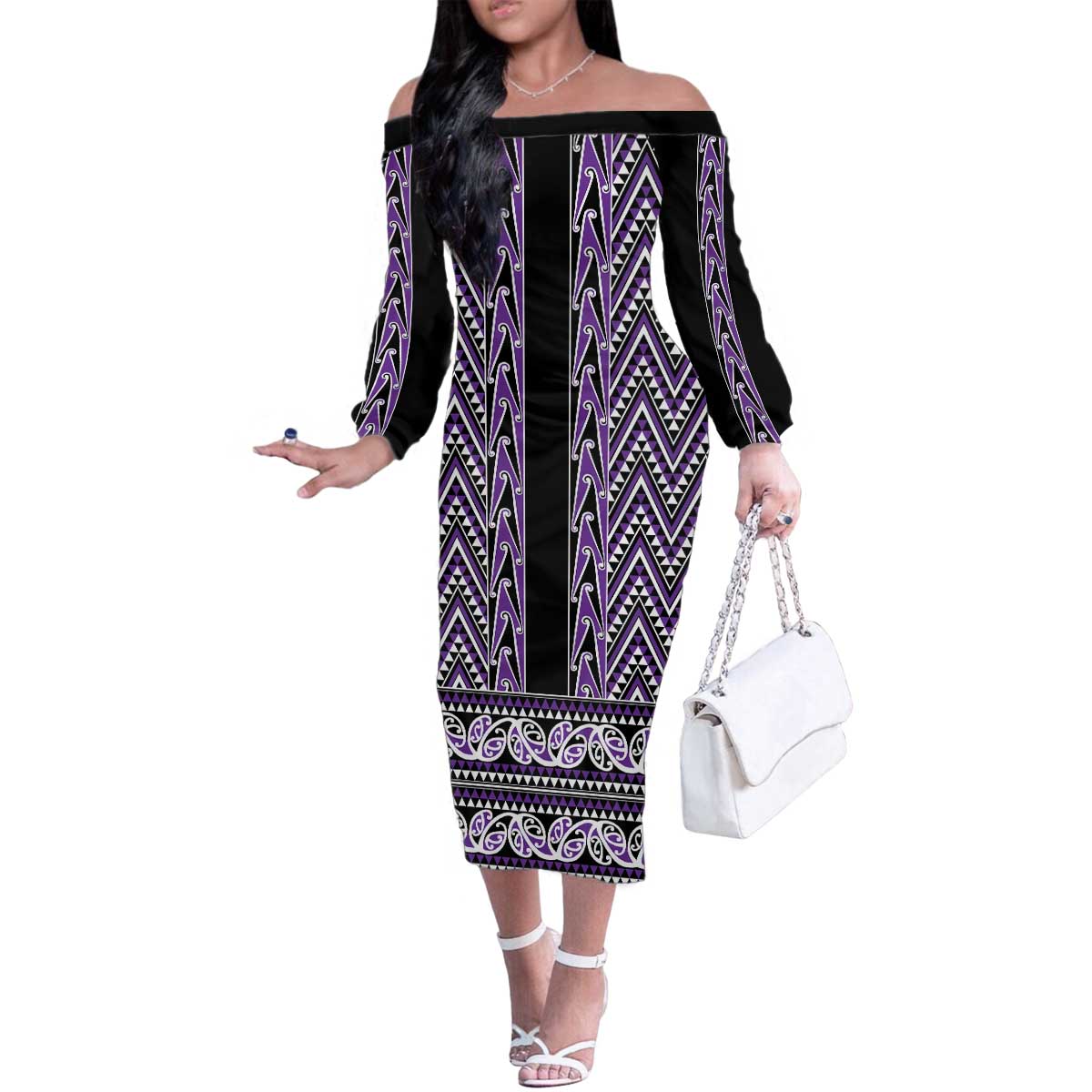 New Zealand Maori Niho Taniwha Family Matching Off The Shoulder Long Sleeve Dress and Hawaiian Shirt Waiporopo Mangopare and Puhoro Pattern LT9 Mom's Dress Purple - Polynesian Pride