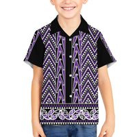 New Zealand Maori Niho Taniwha Family Matching Off The Shoulder Long Sleeve Dress and Hawaiian Shirt Waiporopo Mangopare and Puhoro Pattern LT9 Son's Shirt Purple - Polynesian Pride
