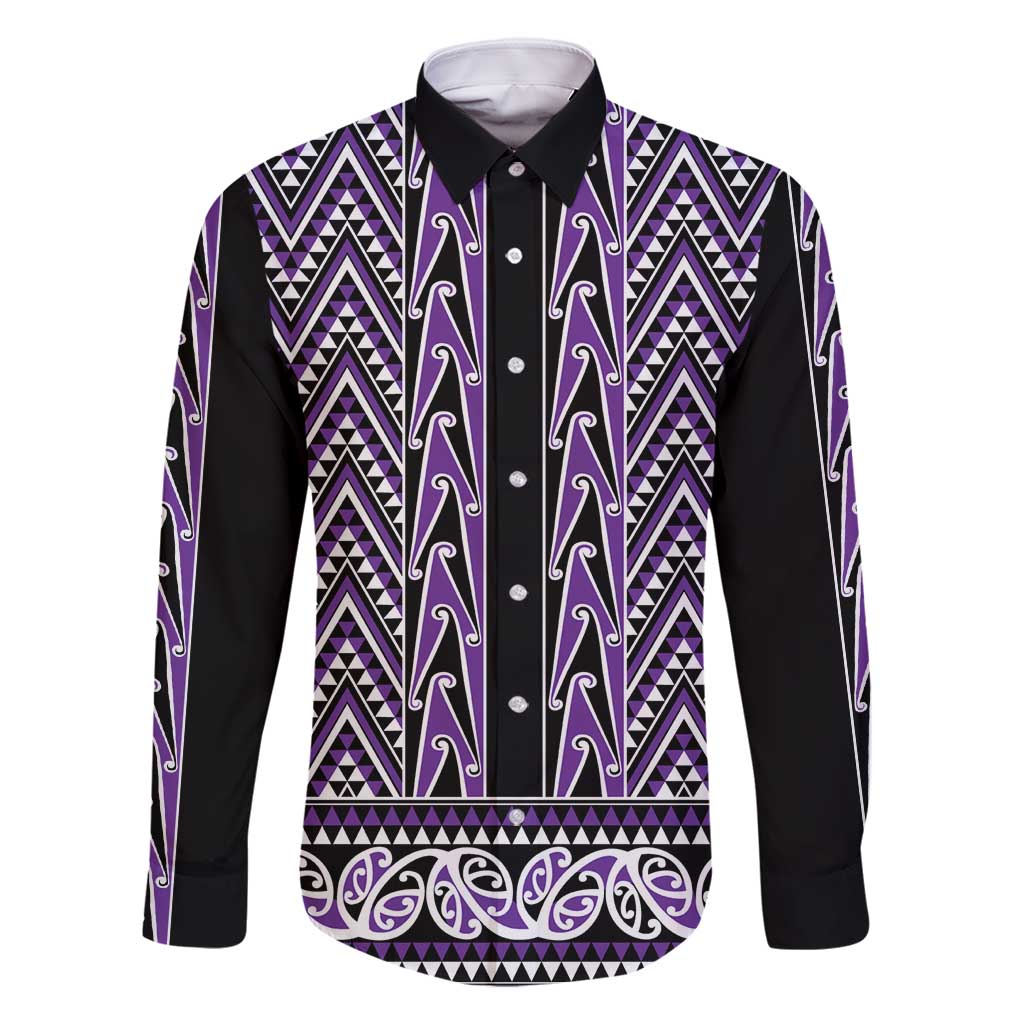 New Zealand Maori Niho Taniwha Family Matching Off Shoulder Short Dress and Hawaiian Shirt Waiporopo Mangopare and Puhoro Pattern LT9 Dad's Shirt - Long Sleeve Purple - Polynesian Pride