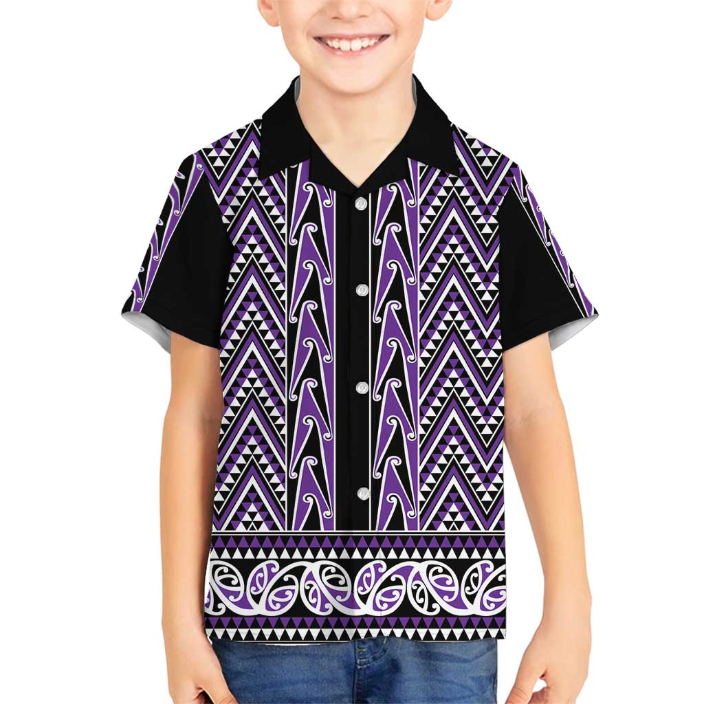 New Zealand Maori Niho Taniwha Family Matching Puletasi and Hawaiian Shirt Waiporopo Mangopare and Puhoro Pattern LT9 Son's Shirt Purple - Polynesian Pride