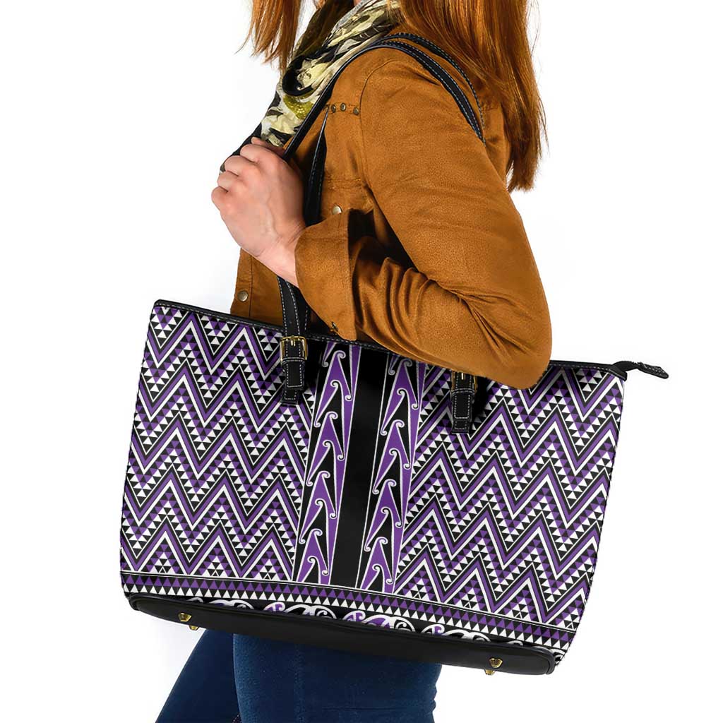 New Zealand Maori Niho Taniwha Leather Tote Bag Waiporopo Mangopare and Puhoro Pattern