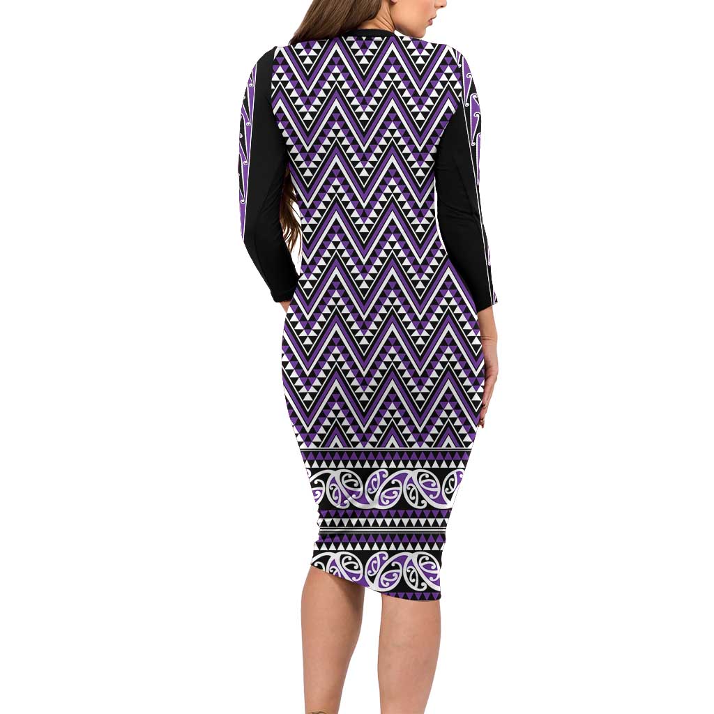 New Zealand Maori Niho Taniwha Long Sleeve Bodycon Dress Waiporopo Mangopare and Puhoro Pattern