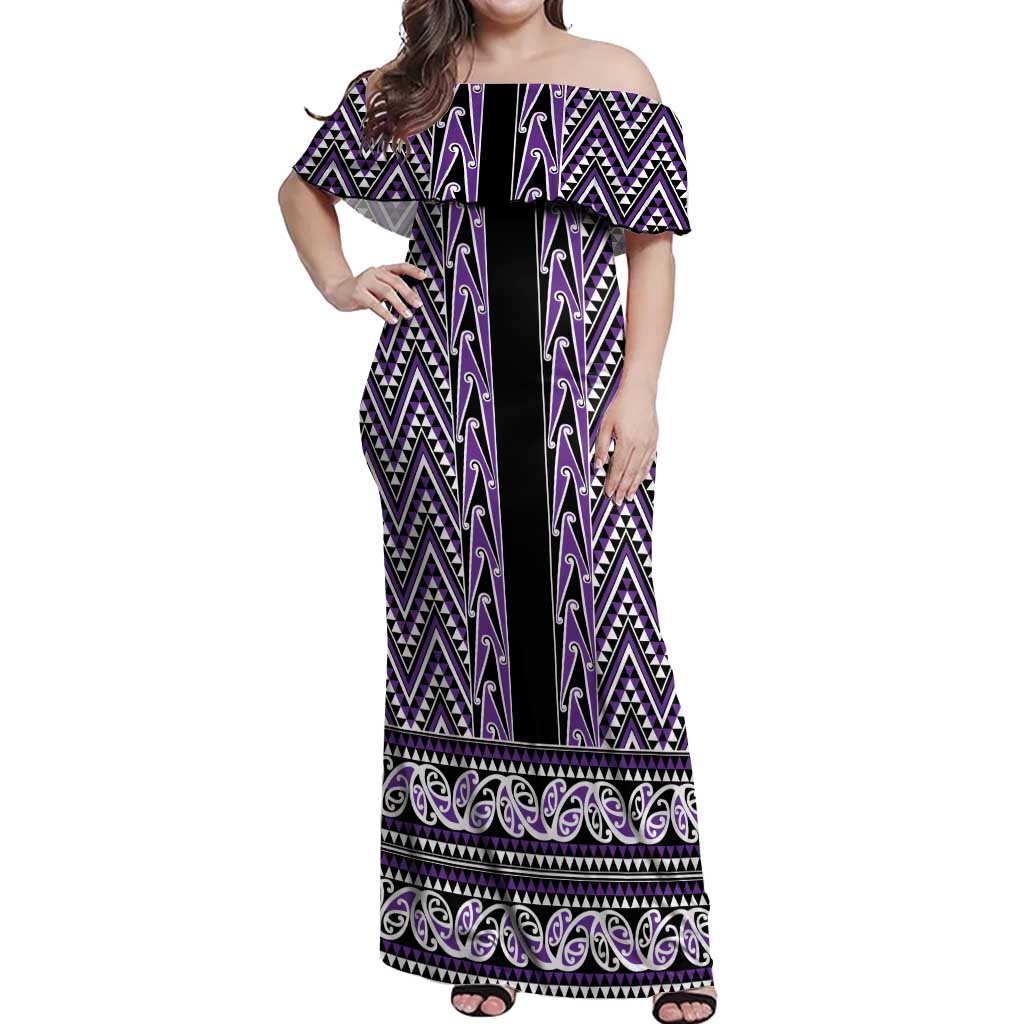 New Zealand Maori Niho Taniwha Off Shoulder Maxi Dress Waiporopo Mangopare and Puhoro Pattern