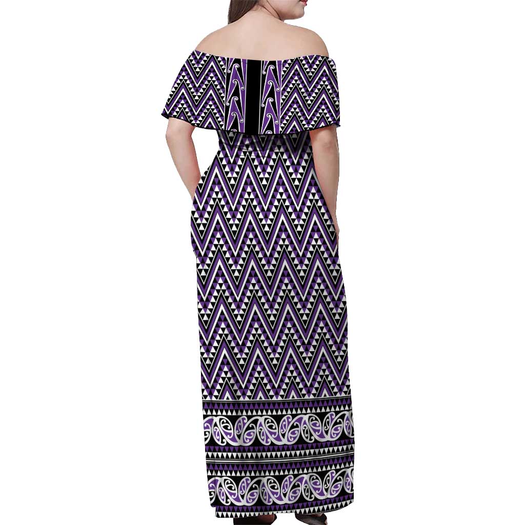 New Zealand Maori Niho Taniwha Off Shoulder Maxi Dress Waiporopo Mangopare and Puhoro Pattern LT9 - Polynesian Pride