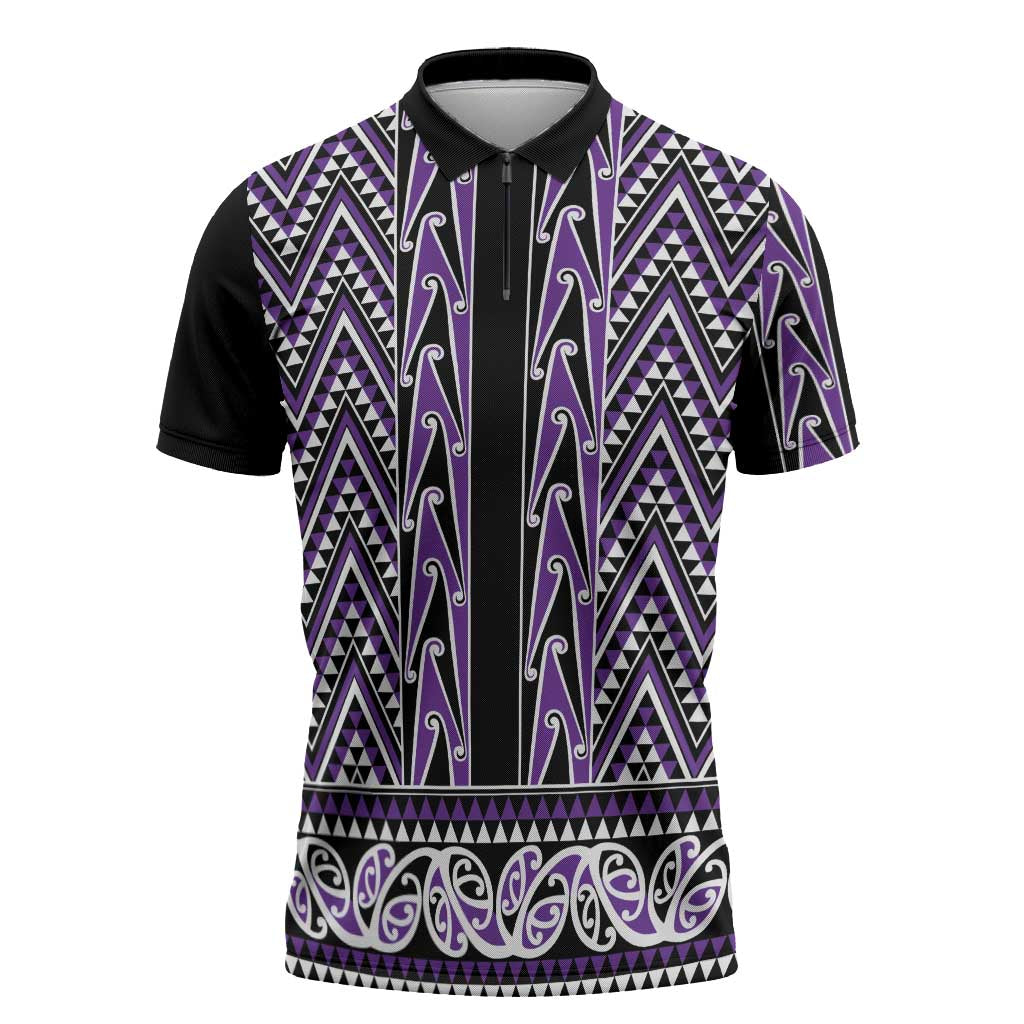 New Zealand Maori Niho Taniwha Zipper Polo Shirt Waiporopo Mangopare and Puhoro Pattern LT9 Purple - Polynesian Pride