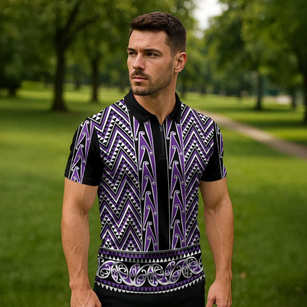 New Zealand Maori Niho Taniwha Zipper Polo Shirt Waiporopo Mangopare and Puhoro Pattern LT9 - Polynesian Pride