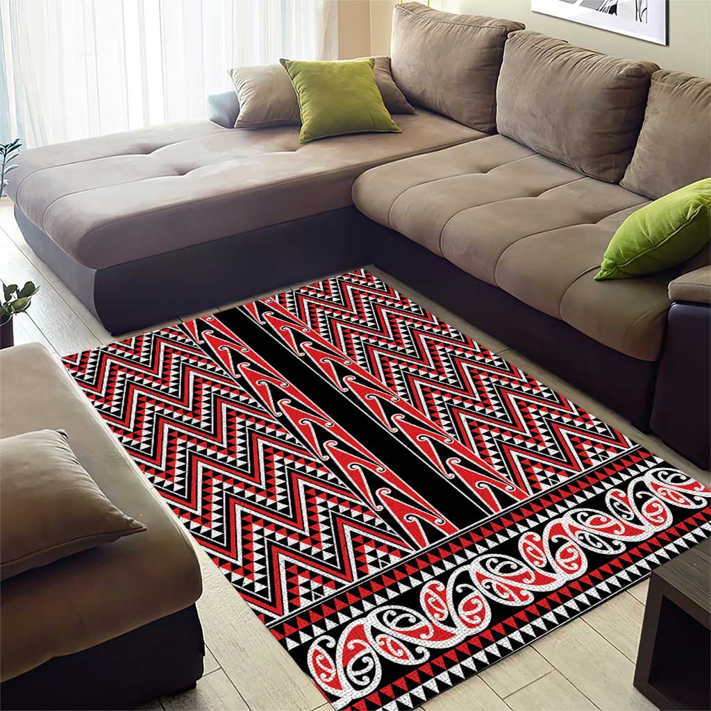 New Zealand Maori Niho Taniwha Area Rug Whero Mangopare and Puhoro Pattern