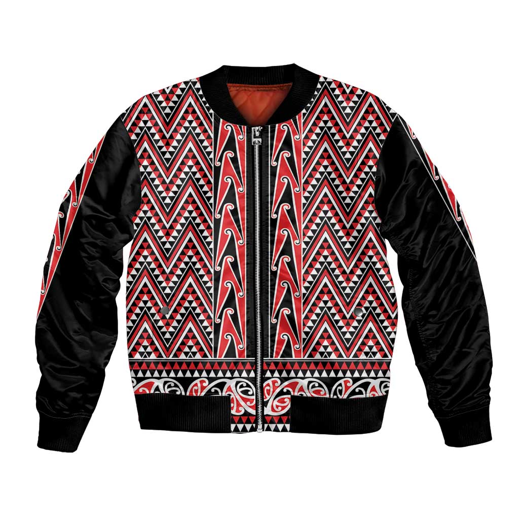 New Zealand Maori Niho Taniwha Bomber Jacket Whero Mangopare and Puhoro Pattern