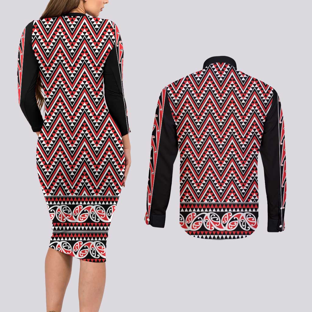 New Zealand Maori Niho Taniwha Couples Matching Long Sleeve Bodycon Dress and Long Sleeve Button Shirt Whero Mangopare and Puhoro Pattern