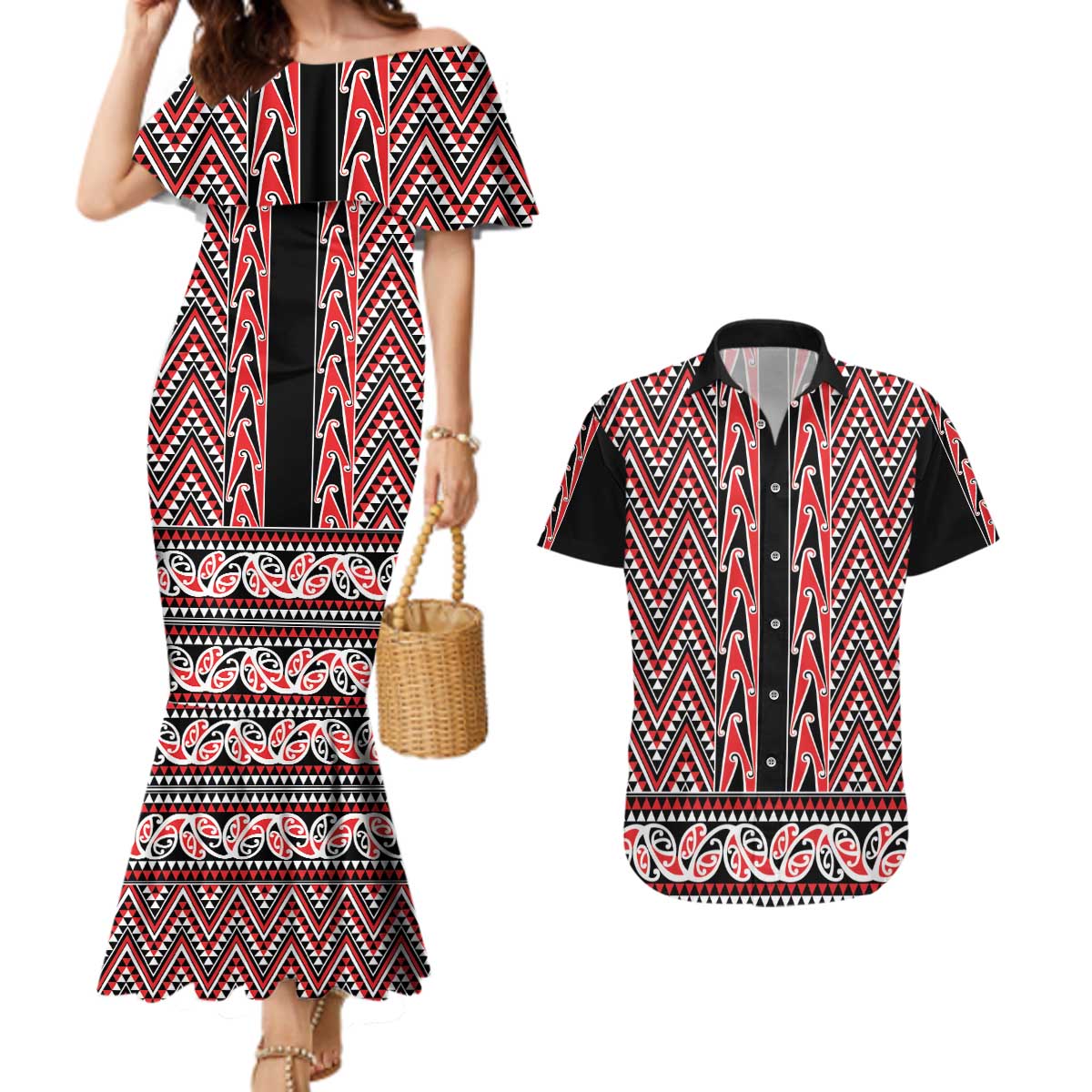 New Zealand Maori Niho Taniwha Couples Matching Mermaid Dress and Hawaiian Shirt Whero Mangopare and Puhoro Pattern