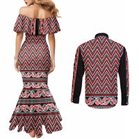 New Zealand Maori Niho Taniwha Couples Matching Mermaid Dress and Long Sleeve Button Shirt Whero Mangopare and Puhoro Pattern