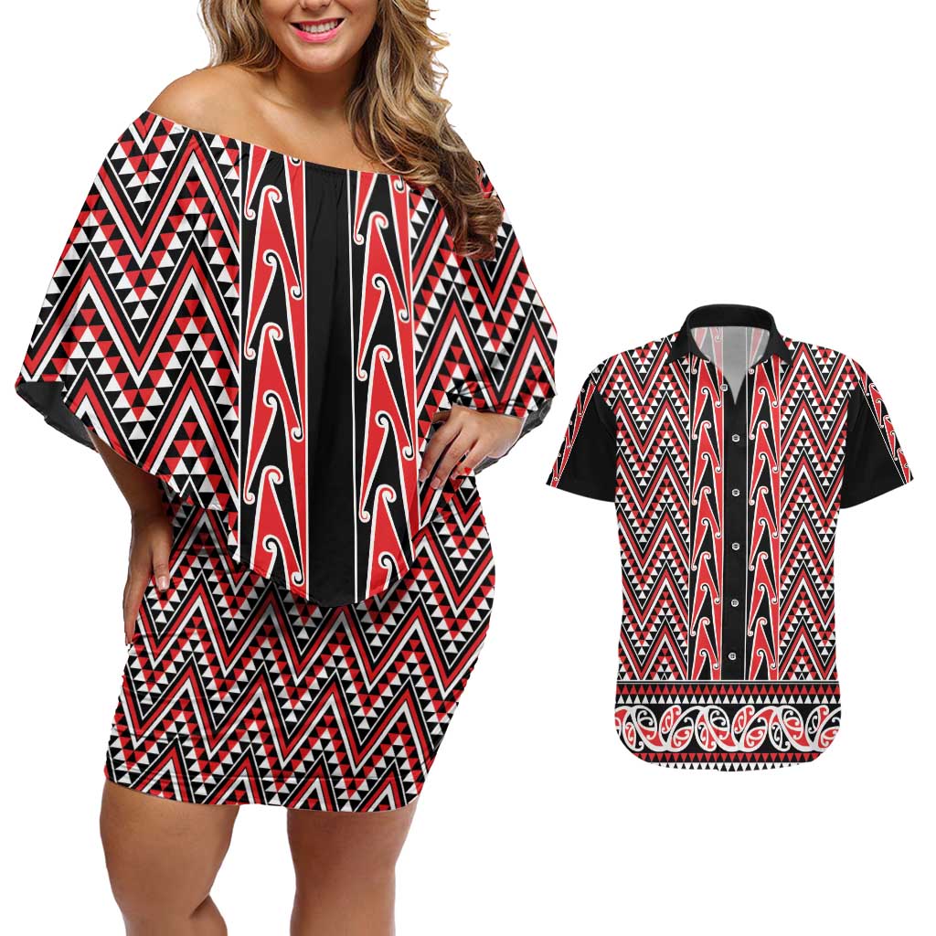 New Zealand Maori Niho Taniwha Couples Matching Off Shoulder Short Dress and Hawaiian Shirt Whero Mangopare and Puhoro Pattern