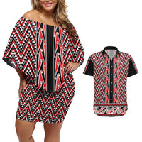 New Zealand Maori Niho Taniwha Couples Matching Off Shoulder Short Dress and Hawaiian Shirt Whero Mangopare and Puhoro Pattern