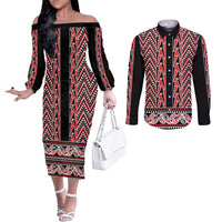 New Zealand Maori Niho Taniwha Couples Matching Off The Shoulder Long Sleeve Dress and Long Sleeve Button Shirt Whero Mangopare and Puhoro Pattern