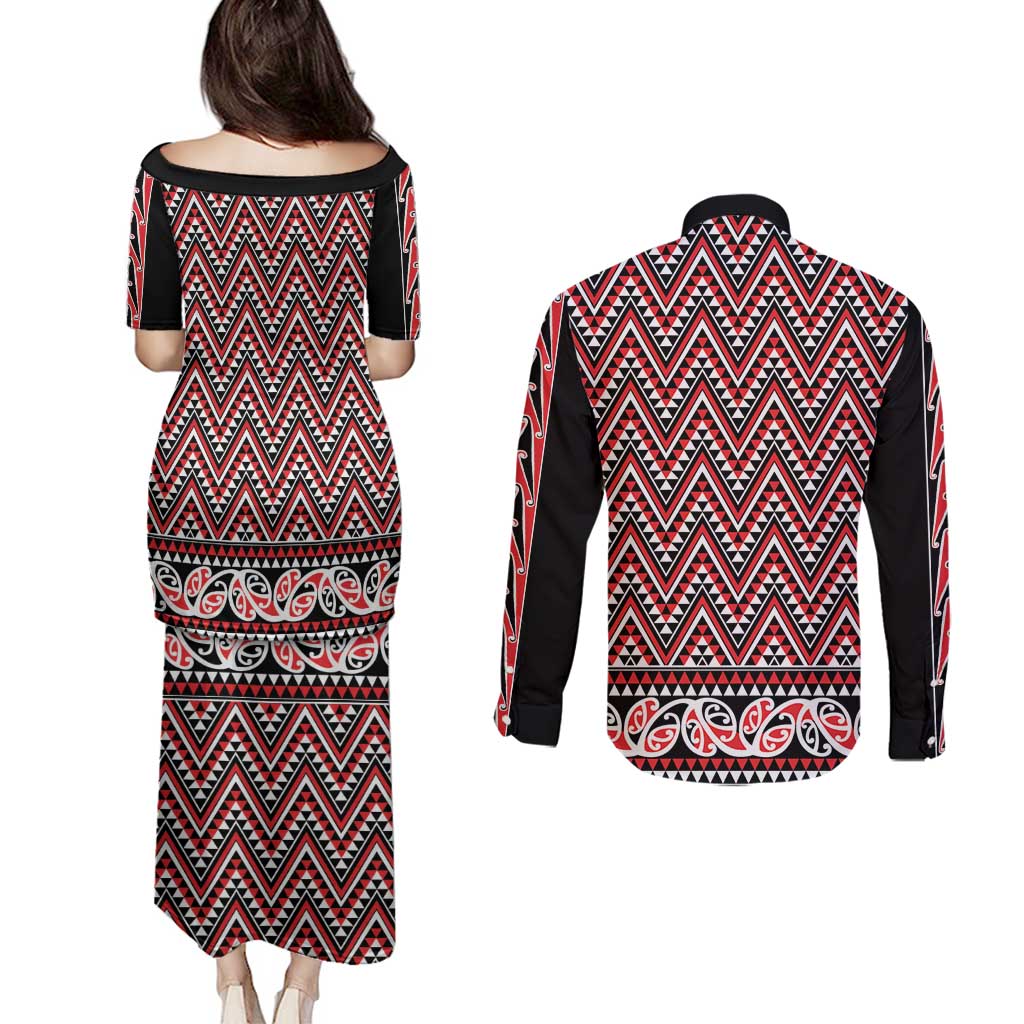 New Zealand Maori Niho Taniwha Couples Matching Puletasi and Long Sleeve Button Shirt Whero Mangopare and Puhoro Pattern