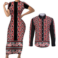 New Zealand Maori Niho Taniwha Couples Matching Short Sleeve Bodycon Dress and Long Sleeve Button Shirt Whero Mangopare and Puhoro Pattern