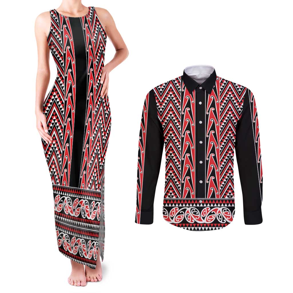 New Zealand Maori Niho Taniwha Couples Matching Tank Maxi Dress and Long Sleeve Button Shirt Whero Mangopare and Puhoro Pattern