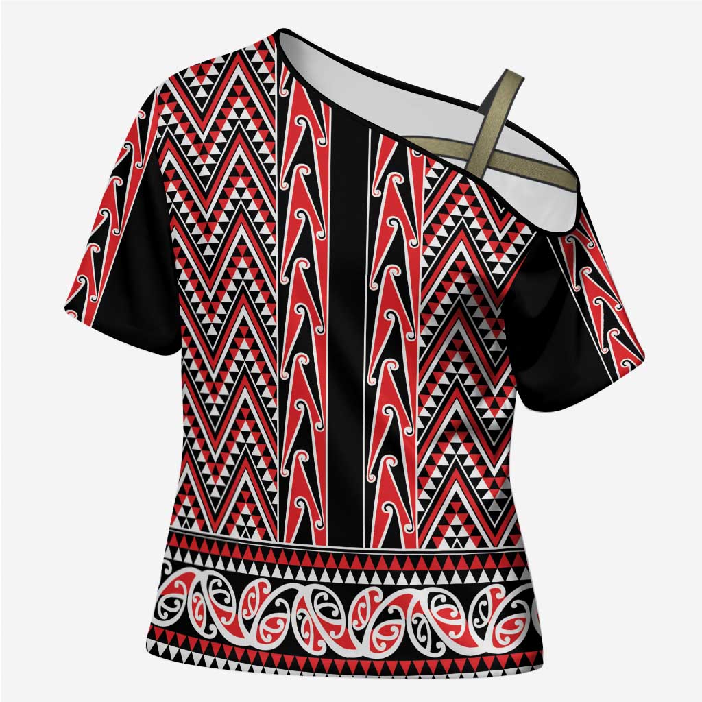 New Zealand Maori Niho Taniwha Cross Shoulder Shirt Whero Mangopare and Puhoro Pattern - Polynesian Pride