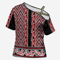 New Zealand Maori Niho Taniwha Cross Shoulder Shirt Whero Mangopare and Puhoro Pattern - Polynesian Pride